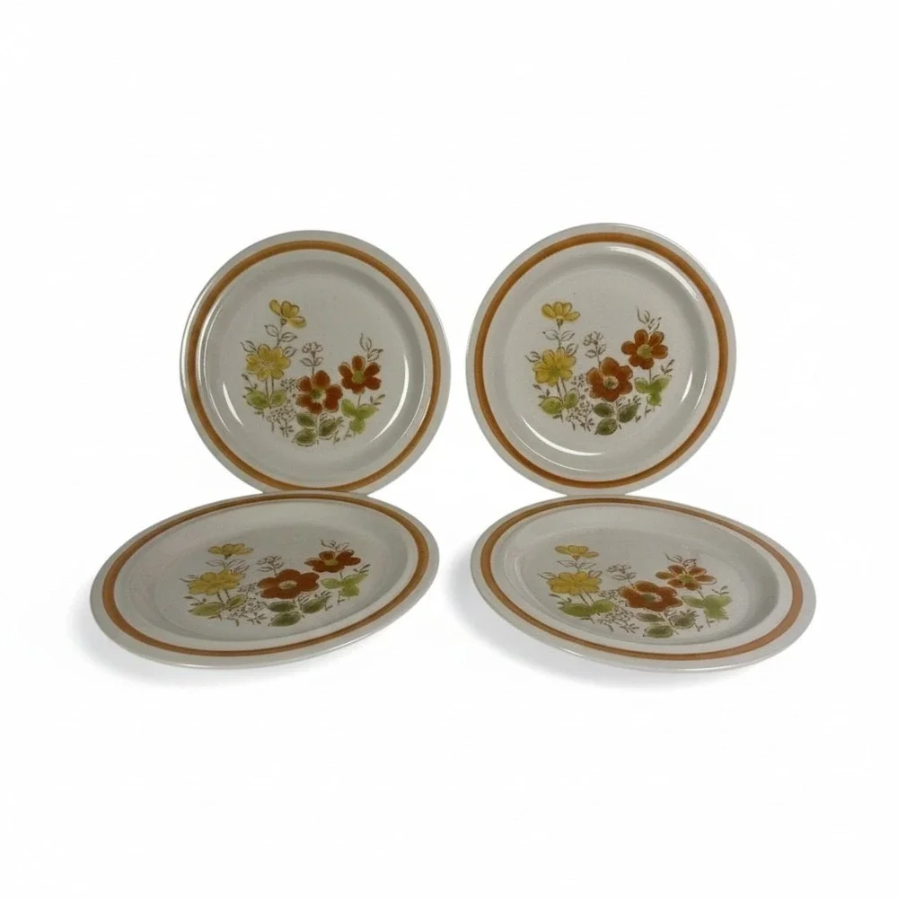 Vintage Floral Stoneware Bread Butter Plates Set 4 Brown Rim‎ 6.5 Inch Japan MCM
